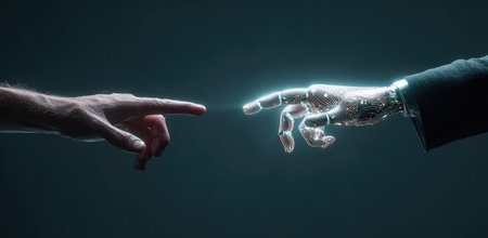 The image shows a human hand extending towards a robotic hand, nearly touching fingertips. The hands appear against a dark, minimalist backdrop. The robotic hand glows with digital light, suggesting technology's interaction with humanity. Suitable for conceptual illustrations related to innovation and progress.の素材