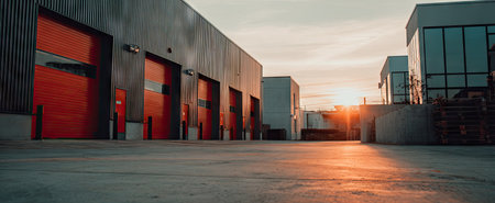 An outdoor scene features industrial buildings with large orange doors. The composition emphasizes a low-angle perspective. The buildings have gray exteriors. The sunlight provides warm tones and creates long shadows. This image could be used for various commercial purposes and editorial content.の素材