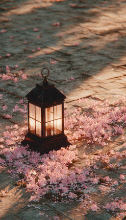 A lantern sits on a paved surface surrounded by pink flower petals. The image exhibits a warm color palette with soft sunlight, casting shadows. It may be suitable for illustrating themes of tranquility, seasons, or romantic concepts. This image could be used for various design projects.の素材