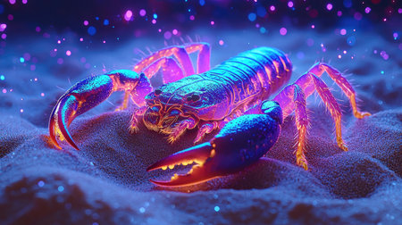 Digital illustration of a scorpion, depicted in a vibrant, neon color palette, resting on a textured surface of glowing sand. The scorpion is illuminated by a dramatic light source, creating an evocative and artistic effect.  The focus is on showcasing the scorpion's detailed features, showcasing the creature's texture and form through the use of color and light.の素材