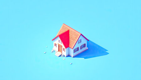 A small house illustration features a red roof, white walls, and a blue background. This graphic depicts a modern, clean aesthetic. The simple design suggests a sense of home and security, suitable for illustrating concepts of housing, property, and architecture. This image is suitable for a variety of commercial and editorial uses.の素材