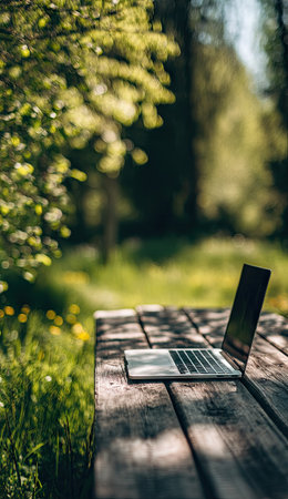 A laptop computer rests on a wooden table in an outdoor setting. The image features a shallow depth of field, with soft sunlight filtering through the surrounding trees and foliage. The scene evokes a sense of tranquility. It is suitable for various commercial uses, including articles on technology and remote work.の素材