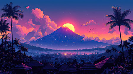 Digital painting depicting a tropical vista at sunset.  A majestic volcano rises above a valley filled with lush, tropical foliage and small, traditional houses.  Palm trees frame the scene, and the sky is filled with vibrant colors, including shades of pink, purple, orange, and yellow, suggesting a vibrant and peaceful atmosphere.  Birds take flight against the background, adding to the serene ambiance of the image.の素材