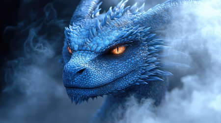 A close-up depiction showcases a vibrant blue dragon with detailed scales and piercing orange eyes. The creature is enveloped in wisps of smoke, set against a dark, atmospheric backdrop. The artwork employs high-quality rendering and dramatic lighting. This image is suitable for fantasy-themed commercial and editorial projects.の素材