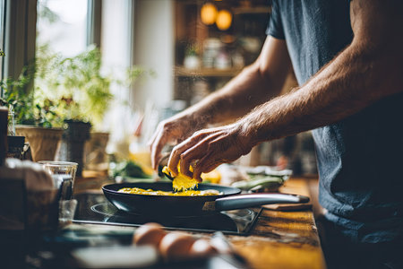 A person prepares an omelet, focusing on the hands and pan. Yellow eggs cook in a black pan over a stove. The kitchen setting reveals plants and wood cabinets. This image could be used in various commercial or editorial contexts for culinary or lifestyle themes.の素材