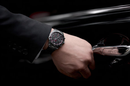 A man's hand reaches for a car door handle, showcasing a stylish wristwatch. The image displays a dark aesthetic, highlighting the contrast of light and shadow. The composition is close-up, focusing on the details of the watch and hand. This could be used for advertising or editorial content related to luxury goods.の素材