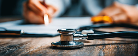 A close-up shot features a stethoscope on a wooden desk with a doctor working in the blurry background. The image displays natural lighting and a shallow depth of field, highlighting the stethoscope's metallic finish. This picture can be used for health, medical, and wellness-related commercial projects.の素材