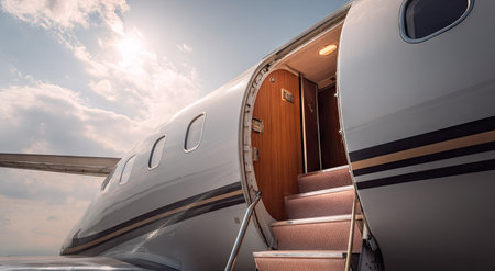 An exterior view showcases a private jet with its door ajar and boarding stairs extended. The image highlights the plane's sleek metallic surface and wooden door framing. The composition is lit by natural sunlight, with a backdrop of a cloudy sky suggesting travel. Suitable for use in visuals associated with aviation and affluence.の素材