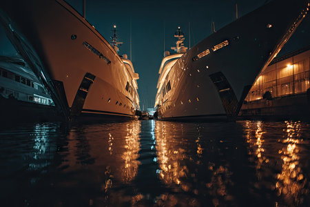 Two large yachts are docked close together, reflecting in the dark water. The image features a cool color palette with illuminated details against the night sky. The photograph's composition emphasizes the boats' structures and the water's surface, suitable for commercial or editorial applications.の素材