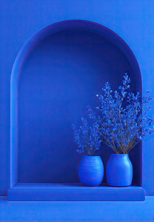 An interior composition features two blue vases holding floral arrangements within an arched alcove. The scene displays a monochromatic blue color scheme with soft lighting and a minimalist style. The image may be suitable for decorative designs, artistic projects, or background use in various visual communications.の素材