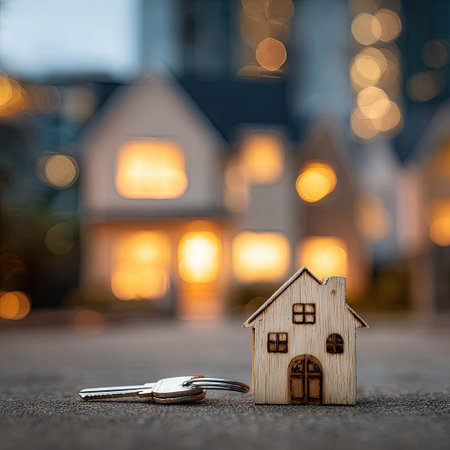 A miniature wooden house, next to keys, is the focal point. The composition features soft lighting and shallow depth of field, with warm tones from the house and blurred background lights. This setup suggests a sense of property, security, and homeownership, suitable for various financial or lifestyle-related content.の素材