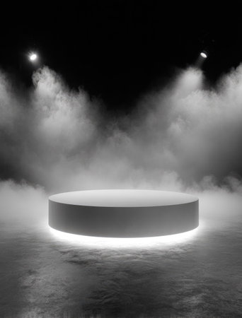 A minimalist circular stage is brightly lit by overhead spotlights. The scene is shrouded in dense fog or smoke, creating a dramatic atmosphere. The composition emphasizes the stage as a central focal point, set against a dark backdrop. This imagery is suitable for various commercial applications, including presentations and advertising.の素材
