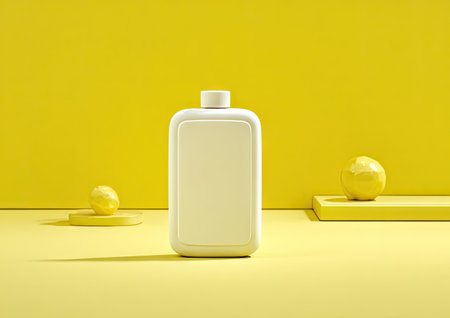 A clean, studio-lit image showcases a white rectangular bottle and two yellow spheres against a solid yellow background. The composition features a symmetrical arrangement, with the bottle prominently centered. The lighting creates subtle shadows. Suitable for product promotion and design presentations.の素材