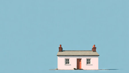 A minimalist illustration shows a small house with a light-colored exterior and a contrasting orange door and windows. The scene is set against a solid light blue background, creating a clean and simple composition. This graphic could be useful for various design projects, including digital marketing or website assets.の素材