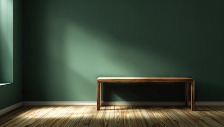 An interior scene features a wooden table against a teal wall with sunlight streaming across. The composition emphasizes clean lines and shadows. The textures of wood and wall provide visual interest. The image could be suitable for architectural, design, or lifestyle projects.の素材