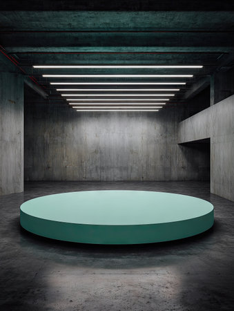 An empty stage features a teal circular platform in a dark interior. Overhead, linear lights illuminate the space and the concrete walls. The composition is a modern architectural style with shadows and reflections creating depth. Suitable for presentations, product showcases, or conceptual projects.の素材