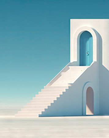 A white building featuring an arched doorway and a staircase is presented against a backdrop of a gradient blue sky. The composition emphasizes simplicity and clean lines. The image could be suitable for architectural, design, or abstract visual projects. The use of color creates a serene and spacious atmosphere.の素材