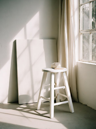 An interior scene features a white wooden stool positioned near a blank canvas leaning against a wall. The composition is bathed in natural light streaming from a window, highlighting the minimalist aesthetic. The image exhibits a clean and simple style with focus on light and shadow, potentially for artistic or lifestyle content.の素材