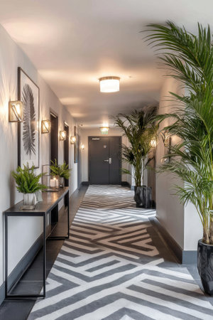 An interior hallway features a geometric patterned rug and potted plants. Artificial lighting illuminates the scene. The composition highlights a sense of space and design with neutral color tones. Suitable for architectural, decor, and design-related commercial use.の素材
