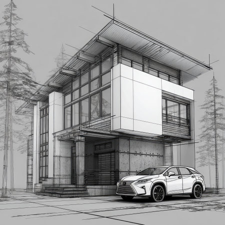 An architectural sketch presents a contemporary house with a car parked in front. The composition uses line drawing techniques with grayscale tones. The scene suggests an outdoor setting with potential commercial uses for design, real estate, or construction concepts.の素材