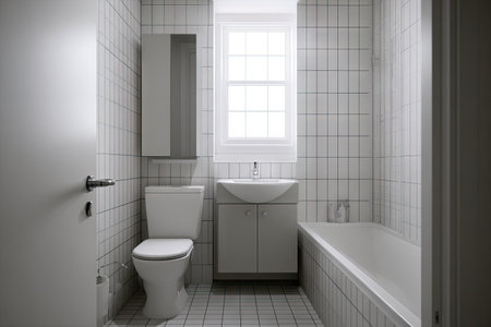 This interior showcases a modern bathroom featuring a toilet, sink, and bathtub. The room is bathed in natural light from a window, enhancing the clean, minimalist aesthetic. The composition highlights geometric tile patterns, offering a sense of order and structure. Suitable for diverse applications including lifestyle, design, and architecture.の素材
