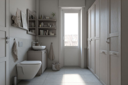 This interior image showcases a modern bathroom setup. The scene features a toilet, sink, and storage cabinets, all rendered in muted tones. The composition is well-lit, with soft sunlight streaming through a window. Suitable for architectural visualization, design concepts, or commercial projects related to home interiors.の素材