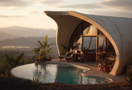 A contemporary structure features a curved design and encompasses a pool, creating an idyllic setting. The composition showcases a neutral color palette, with textures and ambient lighting. The scene suggests a relaxed atmosphere, suitable for design concepts and tourism promotion. The photo is ideal for various commercial and editorial applications.の素材