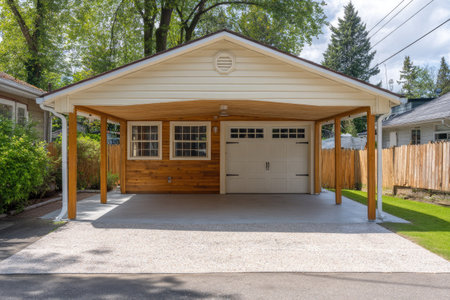 The image captures a newly built carport exterior. The structure displays wooden construction and architectural details. The design emphasizes natural light and a clean aesthetic. Suitable for advertising, architectural publications, or illustrating housing options.の素材