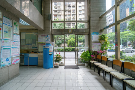 This image showcases a bright entryway with large glass doors and windows, inviting natural light. The interior features rows of chairs, a blue water dispenser, and various decorations. The composition emphasizes clean lines and a modern aesthetic, suggesting a public or commercial setting. Suitable for architectural, editorial, and design-related projects.の素材