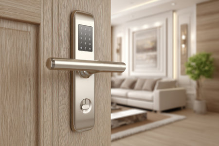 An interior shot features a metallic smart lock installed on a wooden door. The lock displays a digital interface, reflecting modern technology. The background reveals a living room with a neutral color palette, suggesting a home setting, suitable for various editorial and commercial projects.の素材