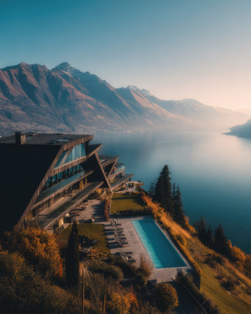 An aerial perspective captures a luxury hotel featuring a swimming pool situated along a lake's edge with mountains in the distance. The image showcases architectural design, using shades of blue, green, and brown in daylight. Suitable for travel, tourism, and hospitality-related projects, offering a sense of leisure.の素材