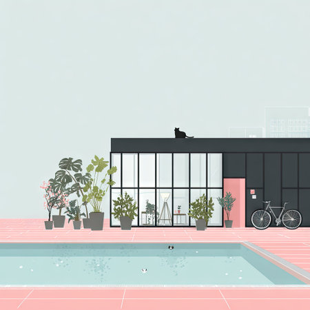 A flat illustration depicts a contemporary house with a swimming pool, plants, and a bicycle. The image features a minimalist style with pastel colors and clean lines. The composition suggests an outdoor scene with a focus on design and architecture. It could be used for various design projects.の素材
