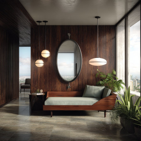 This image features a modern interior scene with a lounge area. The space showcases a wooden sofa, an oval mirror, and hanging lights. The scene is illuminated by natural light, creating a bright atmosphere. Suitable for use in design, architecture, or lifestyle publications and commercial projects.の素材