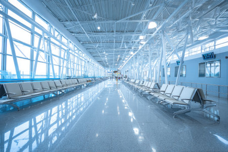 An interior shot reveals a long hallway featuring rows of seats against a large window. The architectural design showcases a sleek, minimalist style with a cool color palette. The composition is a wide shot suggesting a vast, open space. This image can be used for commercial or editorial applications.の素材
