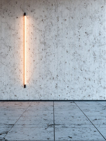 A vertical light fixture illuminates a textured wall, creating a stark contrast with the shadows. The composition features a minimalist style, emphasizing the interplay of light and shadow, with a tile floor. Suitable for various applications, including design, architecture, and conceptual projects.の素材