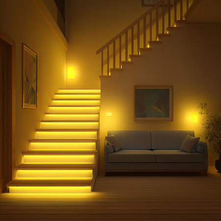 An interior shot features a staircase bathed in warm yellow lighting. The scene includes a comfortable sofa, a painting, and a small plant. The composition is well-lit, suggesting a modern or contemporary living space. Suitable for editorial or commercial purposes such as home decor or architecture.の素材