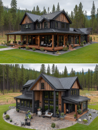 Two images depict contemporary houses featuring dark siding with timber accents. The structures display expansive porches and are set against a backdrop of green grass and trees. The style is modern with a focus on natural materials, possibly suitable for architectural publications or real estate promotion.の素材