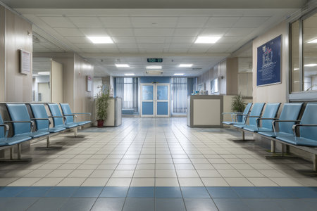 A spacious waiting room features rows of blue seating, arranged symmetrically within a clean interior. The composition is marked by linear perspective, bright overhead lighting, and white and blue color palette. Suitable for various projects including illustrations of interior design, concepts of healthcare, or editorial uses.の素材