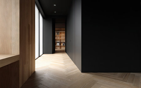 A contemporary interior space showcases a minimalist aesthetic with contrasting elements. The image features a black wall and a light wooden floor creating a long corridor. The composition highlights geometric lines and shadows, with natural light entering from the side, enhancing texture and depth. Suitable for architecture projects and design publications.の素材