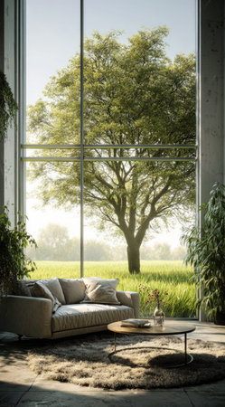 An interior space features a comfortable sofa and coffee table, complemented by natural light streaming through a large window. The composition highlights a vibrant green tree and field visible from the room. The image conveys a serene ambiance with soft colors, suitable for illustrating home design or lifestyle themes.の素材