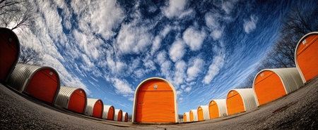 An unusual perspective captures several orange-colored structures, their arched entrances facing the viewer. The sky is vividly blue and filled with white clouds, creating a dynamic contrast. The composition and lighting may be used in various commercial applications, emphasizing design or architectural concepts.の素材