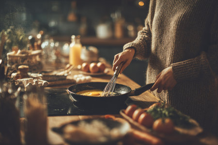 A person is shown preparing food in a kitchen. The image captures the hands of an individual whisking eggs in a pan. The color palette is warm and inviting, with soft lighting enhancing the textures of the ingredients. This image is suitable for culinary websites, food blogs, or editorial content related to home cooking.の素材