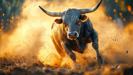 A strong bull is captured mid-charge, kicking up a cloud of dust. The image presents warm, golden tones with dynamic lighting highlighting the animal's muscular form. The composition suggests an outdoor environment, possibly a dry plain or arena. Suitable for illustrating power, strength, or use in various commercial projects.の素材