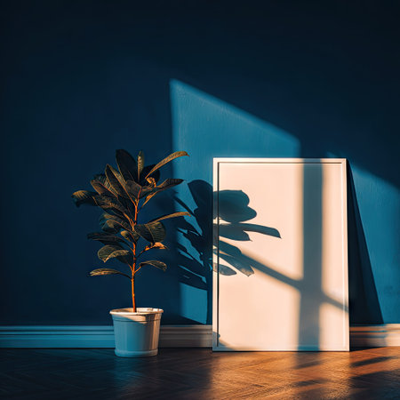 A houseplant in a white pot stands next to a blank white frame, against a dark blue wall. Sunlight streams across the scene, creating dramatic shadows and highlights. The composition highlights contrasting colors and textures, possibly suitable for home decor or artistic projects, with ample copy space.の素材
