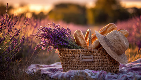 A wicker basket filled with bread and a straw hat rests amidst a vibrant lavender field. The image showcases warm sunlight and soft focus creating a peaceful atmosphere. This visual features an outdoor setting with potential applications in advertising, editorial content, and design projects.の素材