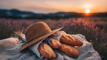 A picnic setup features fresh bread and a straw hat on a blanket, set against a backdrop of a lavender field at sunset. Warm hues of orange and purple dominate the scene, highlighting the textures of the baked goods and the woven hat. This image could be used for lifestyle, culinary, or travel-related content.の素材