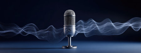 A studio microphone is featured, emanating abstract sound waves. The image displays cool tones, with blue hues and a contrasting light effect. It is a visually appealing, artistic composition suitable for various projects related to audio, voice recording, or multimedia content. The scene is set in an environment suitable for studio use.の素材