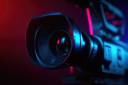 A close-up view presents a video camera, focusing on the lens and body. The scene is illuminated by dramatic blue and red lighting, creating a high-tech or cinematic atmosphere. It's suitable for illustrating media, technology, or production-related themes for diverse commercial uses.の素材