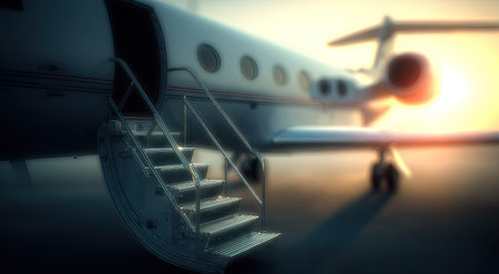 A private jet is captured outdoors during a sunset. The image highlights the aircraft's exterior, boarding stairs, and a partially open door. Warm sunlight bathes the scene, creating a dramatic atmosphere. Suitable for commercial projects emphasizing travel, luxury, and aviation.の素材