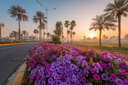 An image captures a road bordered by vibrant purple and pink flowers, with several palm trees in the background. The scene is illuminated by soft sunlight and a clear sky, suggesting a calm morning. This image could be used for various commercial purposes, including travel and lifestyle content.の素材